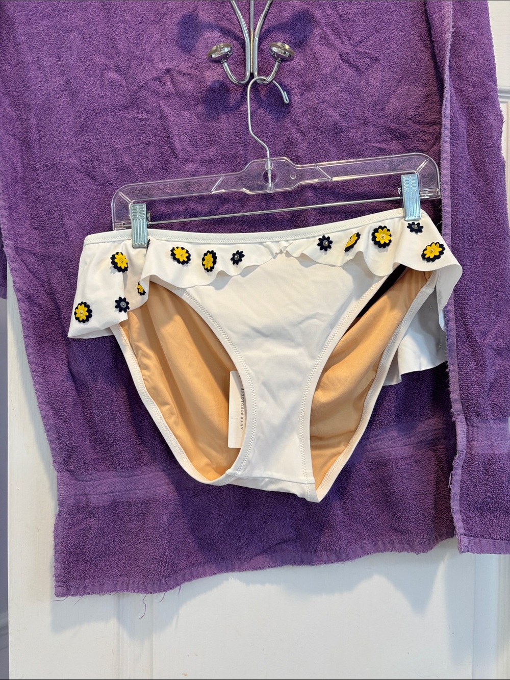 NWT Anthropologie White Swim Bikini Bottom with Yellow & Black Floral Trim